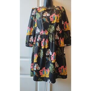 Fossil Women’s Dress 3/4 Sleeve Trees Birds Boho Mini Black Size S